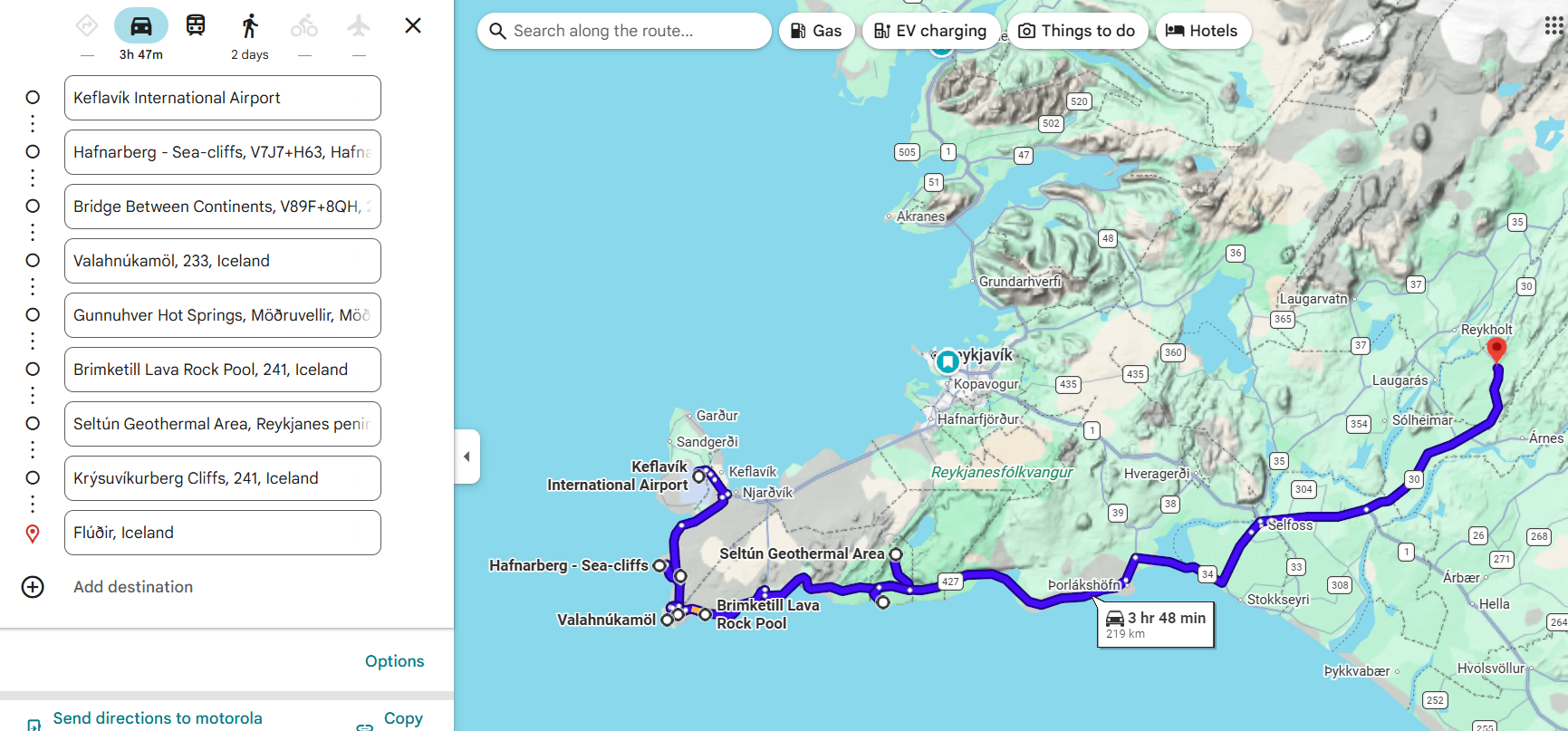 Day 1 route map – KEF to Flúðir via Reykjanes