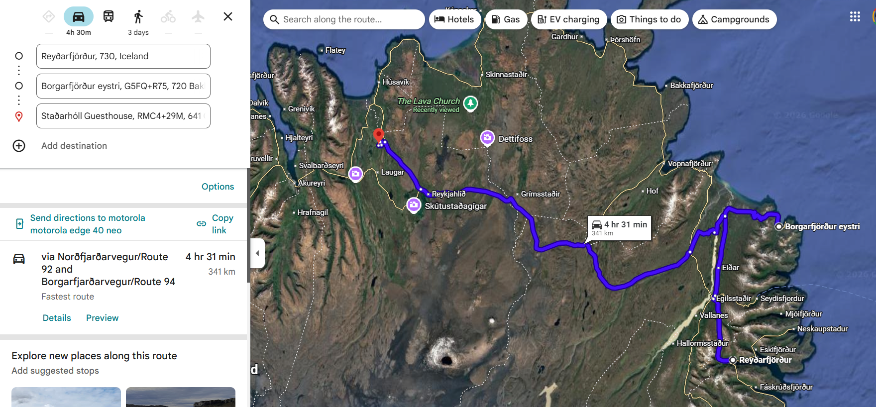Day 10 route map – Reyðarfjörður to Grenjaðarstaður via Dettifoss and Ásbyrgi