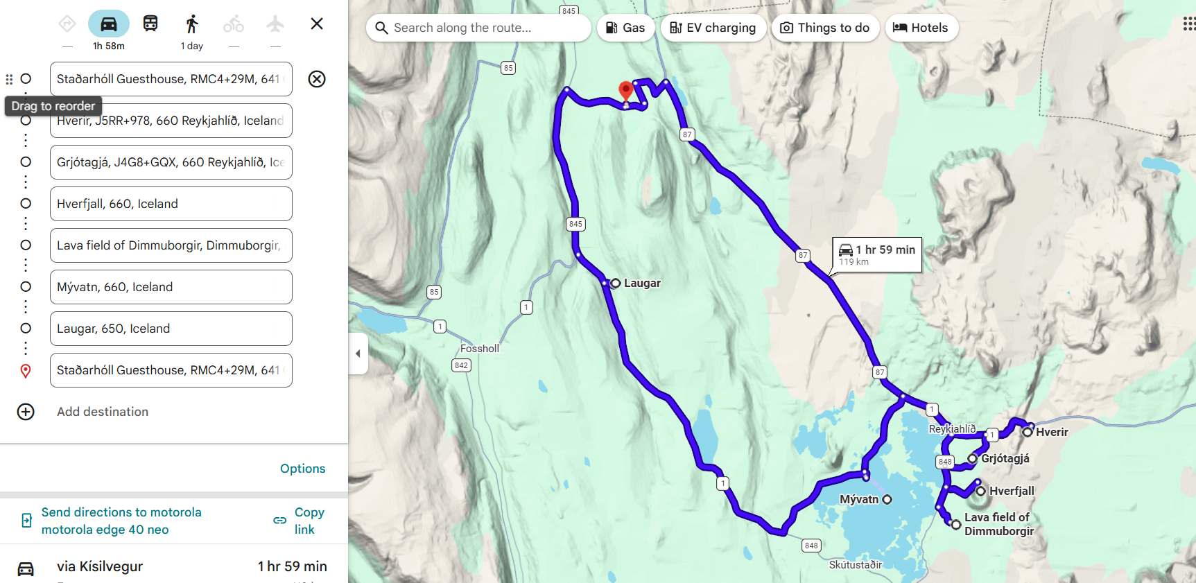 Day 11 route map – Grenjaðarstaður day trip to Mývatn and geothermal areas
