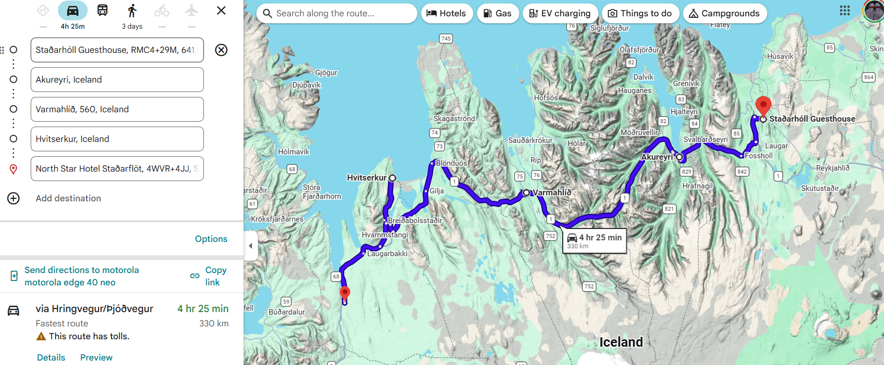 Day 12 route map – Grenjaðarstaður to Hvammstangi via Akureyri and Hvítserkur