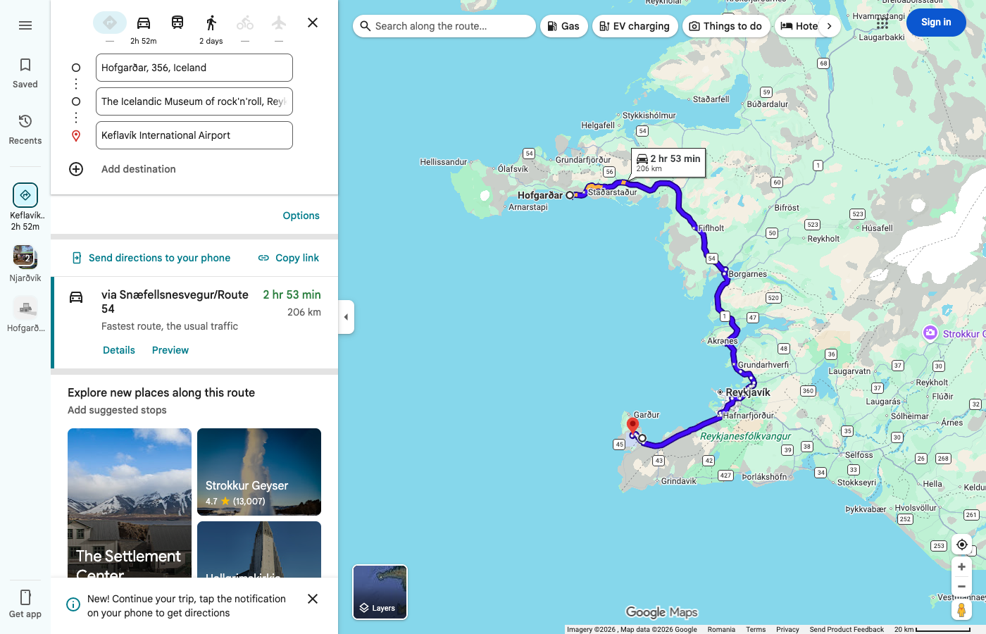 Day 14 route map – Snæfellsbær to Keflavík Airport via Rokksafn