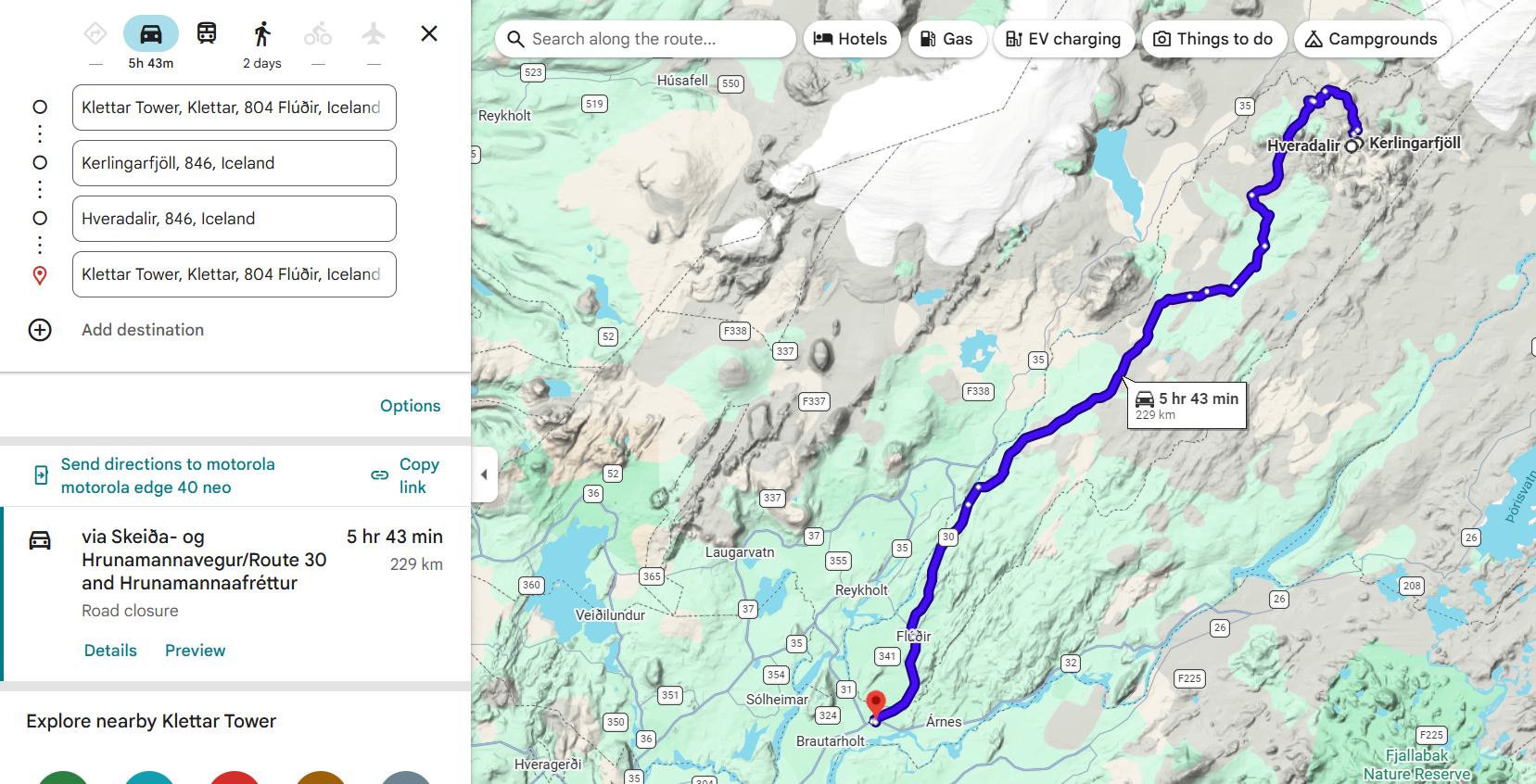Day 2 route map – Flúðir to Kerlingarfjöll and back