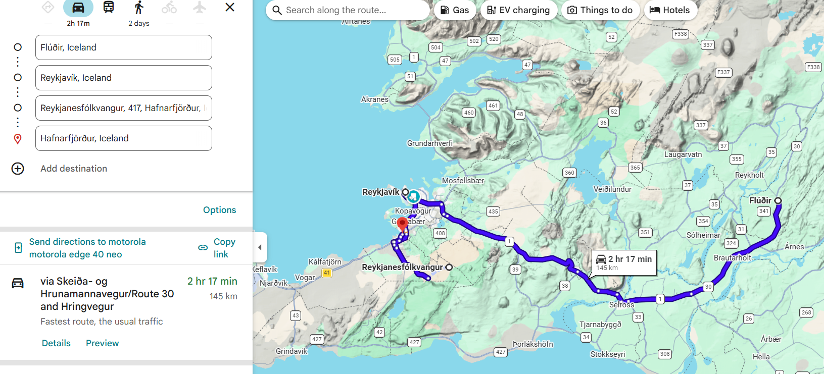 Day 3 route map – Flúðir to Reykjavík to Hafnarfjörður