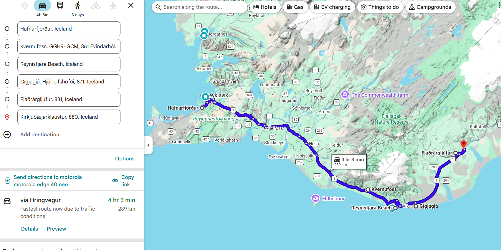 Day 5 route map – Hafnarfjörður to Kirkjubæjarklaustur via South Coast