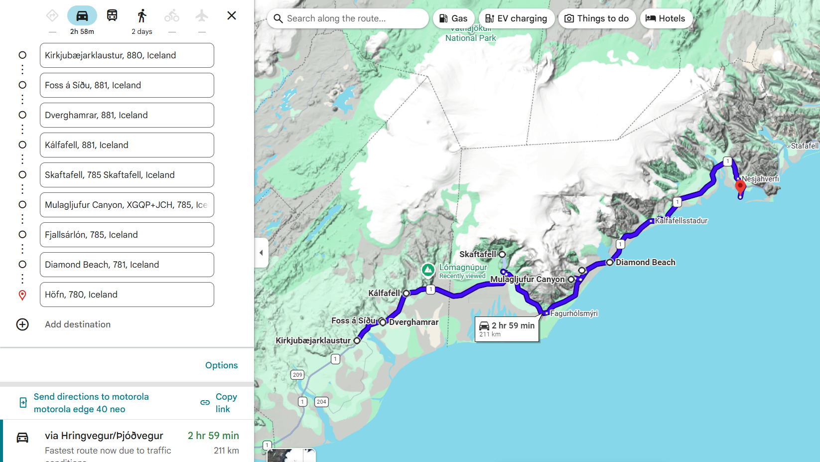 Day 6 route map – Kirkjubæjarklaustur to Höfn via glaciers and canyons