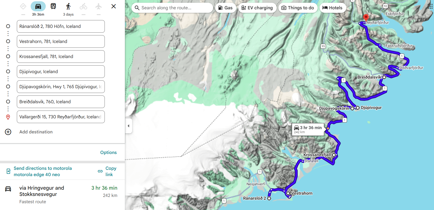 Day 7 route map – Höfn to Reyðarfjörður via Eastfjords
