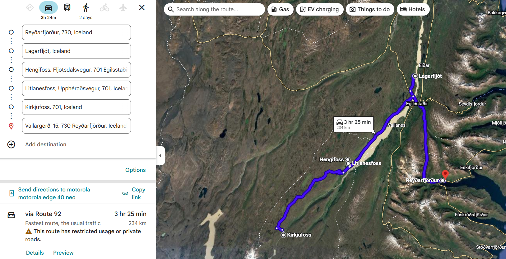Day 8 route map – Reyðarfjörður day trip to East Iceland waterfalls