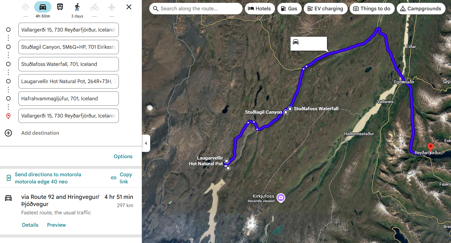 Day 9 route map – Reyðarfjörður day trip to Stuðlagil and highland springs